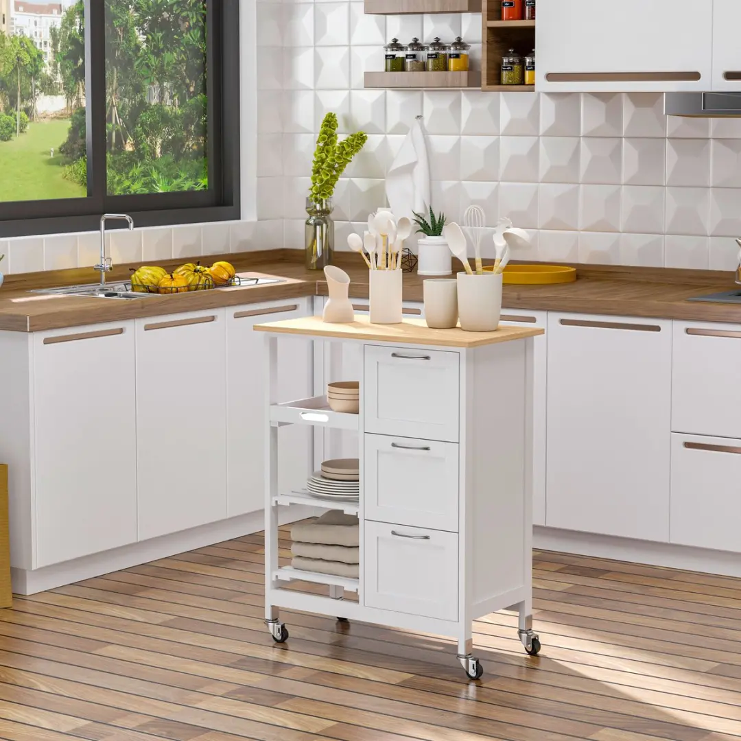 Homcom Keukenwagen 801-221 - 3 Ladeschubben - Natuur/Wit