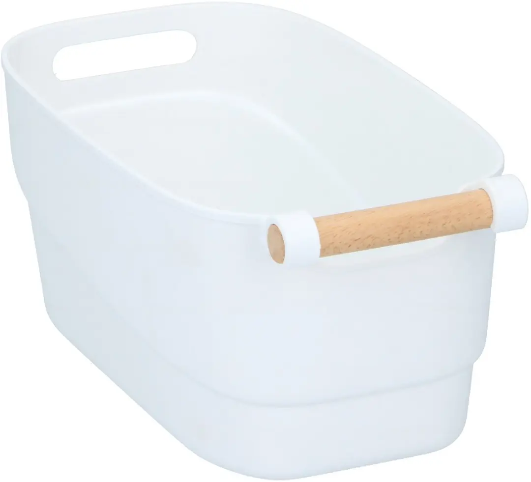 Alpina Opbergmandje 27x14,5x12cm - Kunststof - Houten handvat - Wit - afbeelding 2 van 5