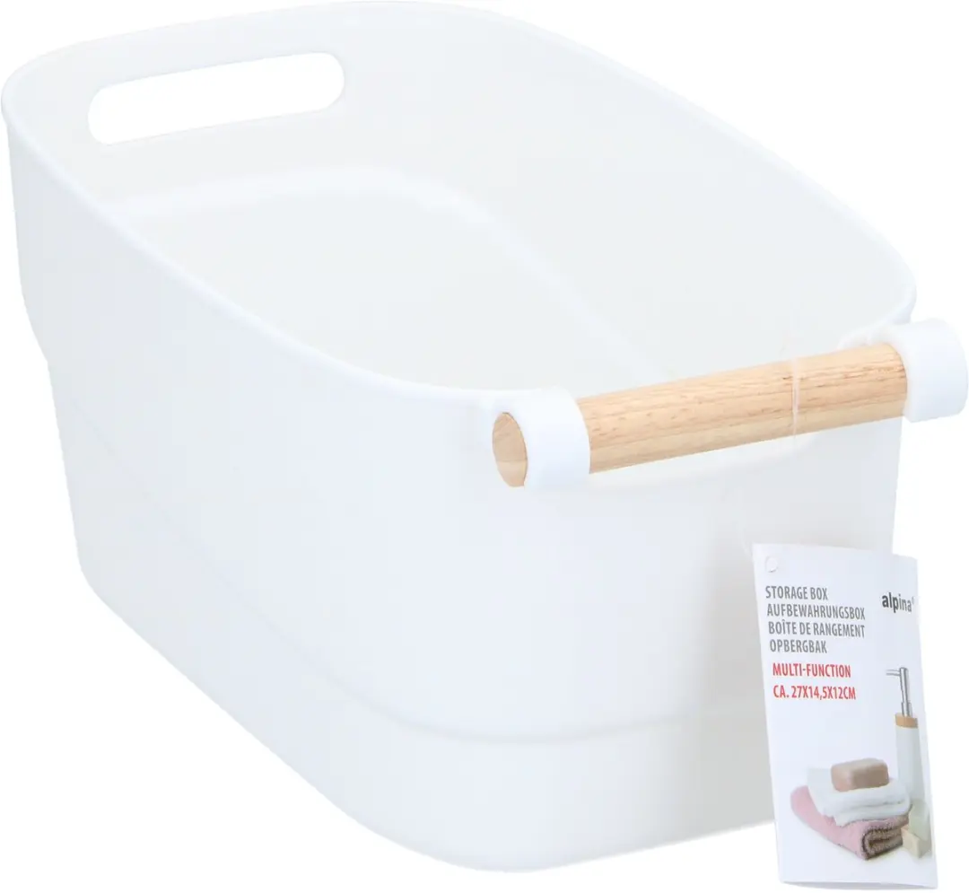 Alpina Opbergmandje 27x14,5x12cm - Kunststof - Houten handvat - Wit - afbeelding 5 van 5