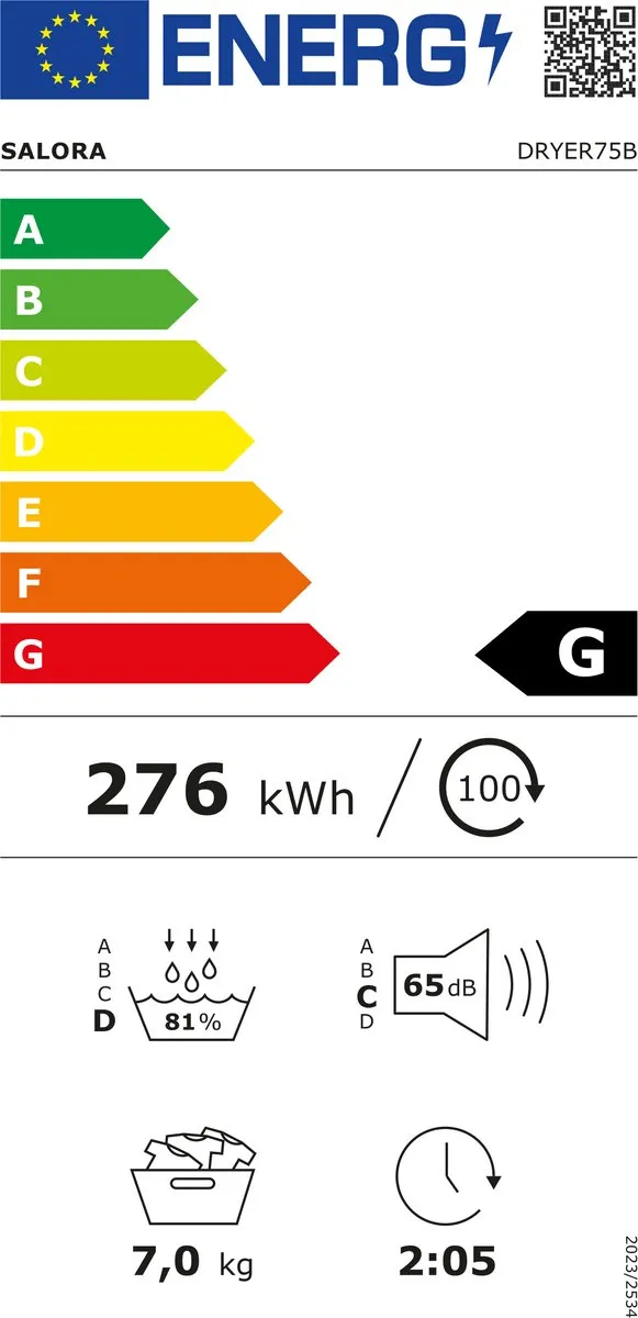Salora DRYER75B - Condensdroger - Wasdroger - Droger - 7 kilo - Energie Label G