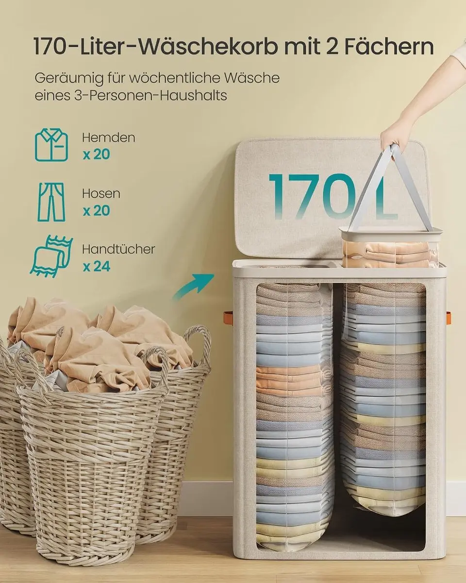 Songmics Wasmand 170L - 2 Compartimenten met Deksel - afbeelding 3 van 5