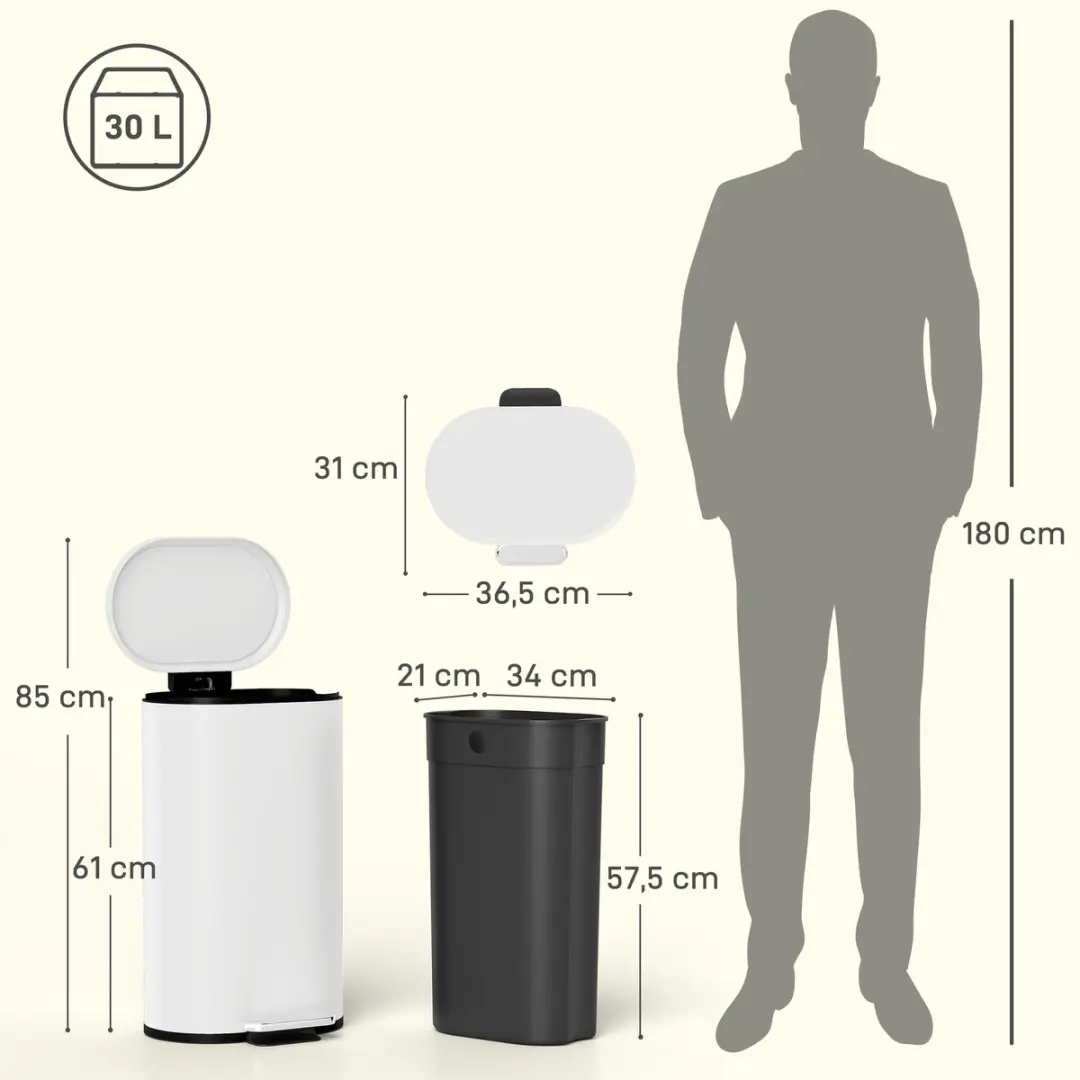 Homcom Prullenbak 36,5L - 31x61cm - Crèmewit - afbeelding 5 van 6