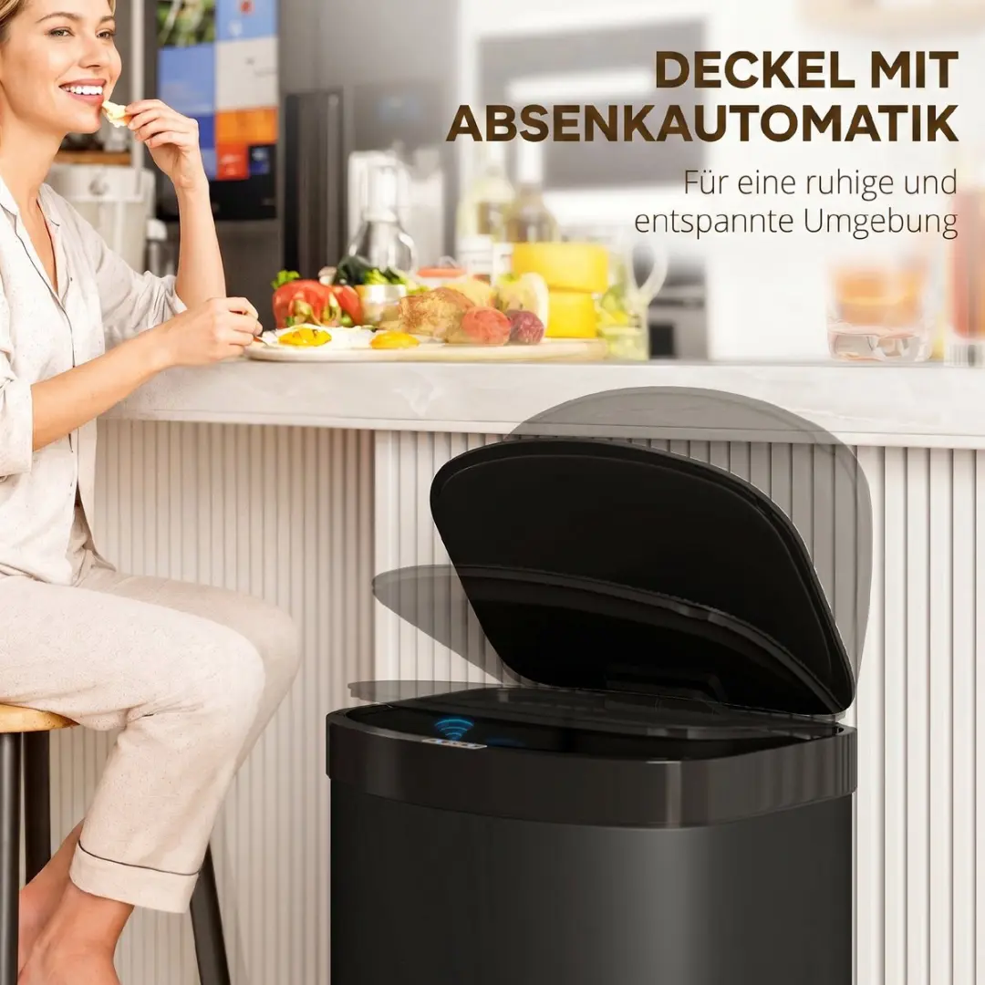 Homcom Sensor Bin Edelstalen Vuilnisbak 55L - 38x28,5x69cm Zwart - afbeelding 6 van 6