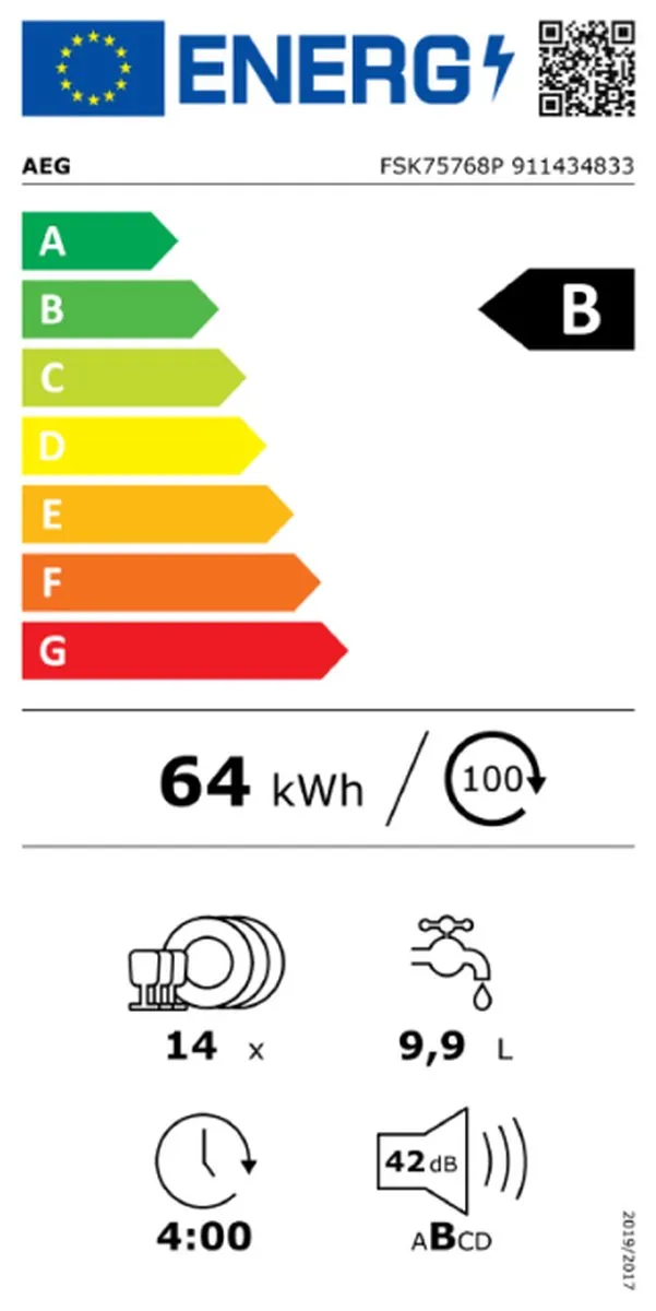 AEG FSK75768P Inbouwvaatwasser 14 Couverts - Energielabel B