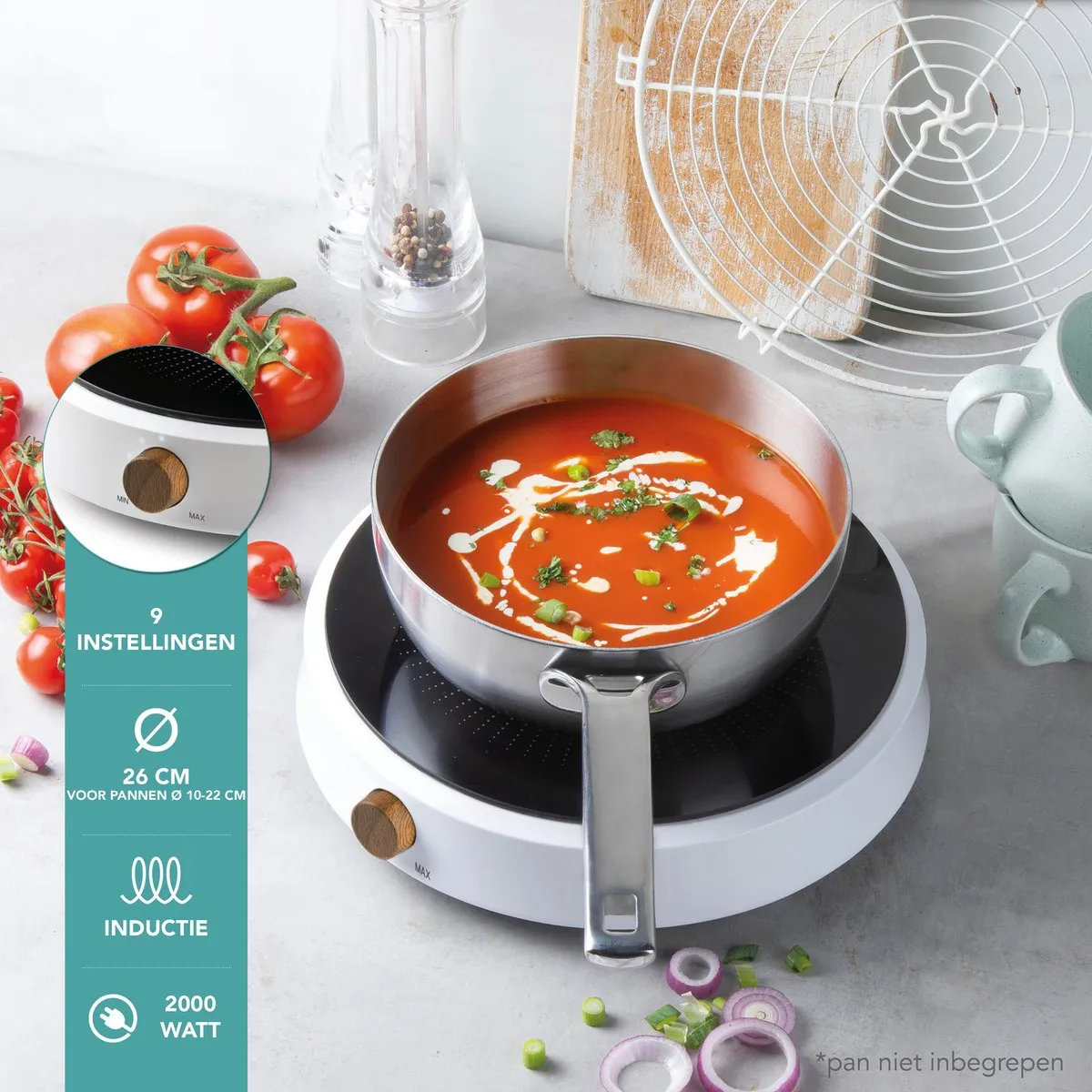 Domo DO30112IP Inductiekookplaat 1 Pit 2000W - Wit/Zwart/Hout