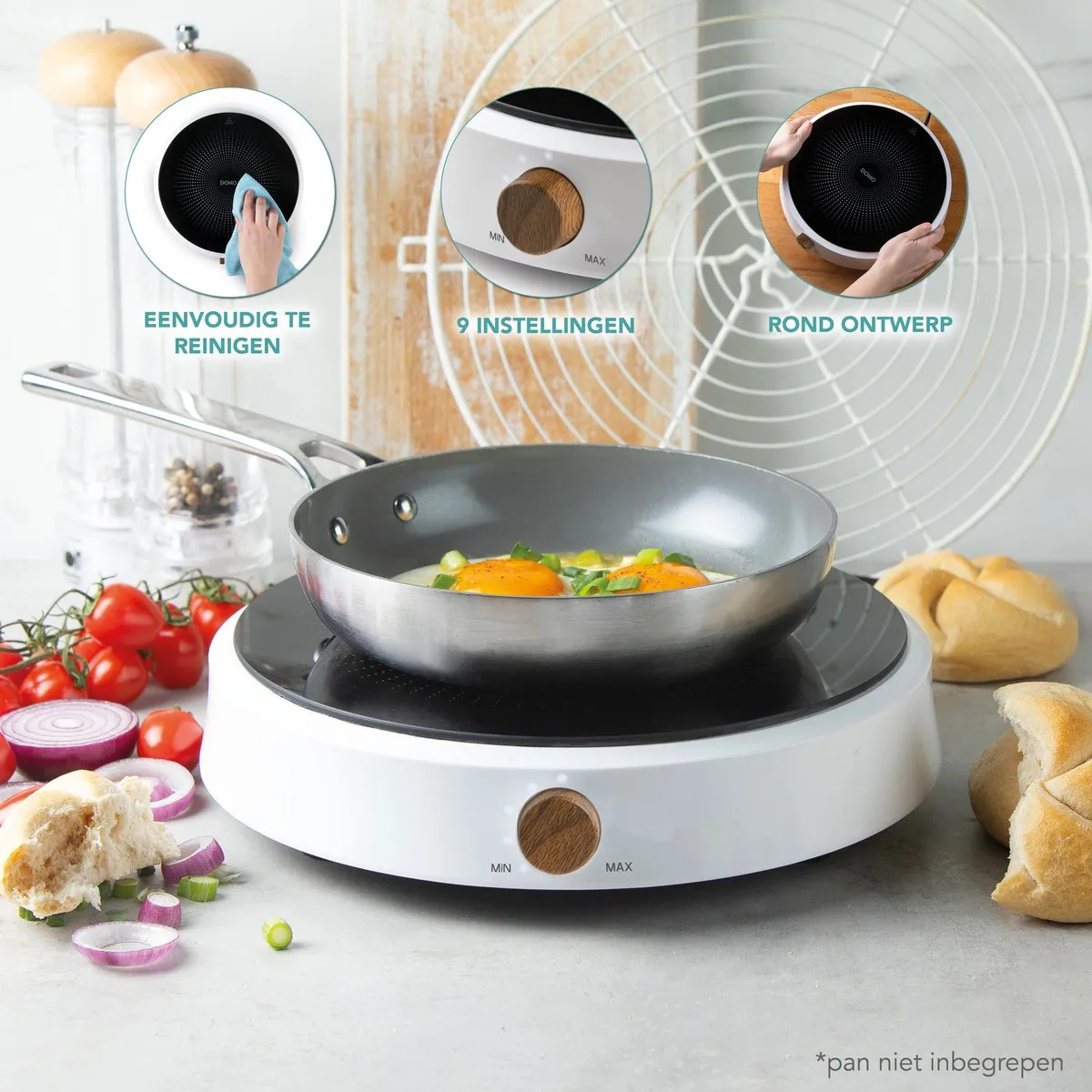 Domo DO30112IP Inductiekookplaat 1 Pit 2000W - Wit/Zwart/Hout