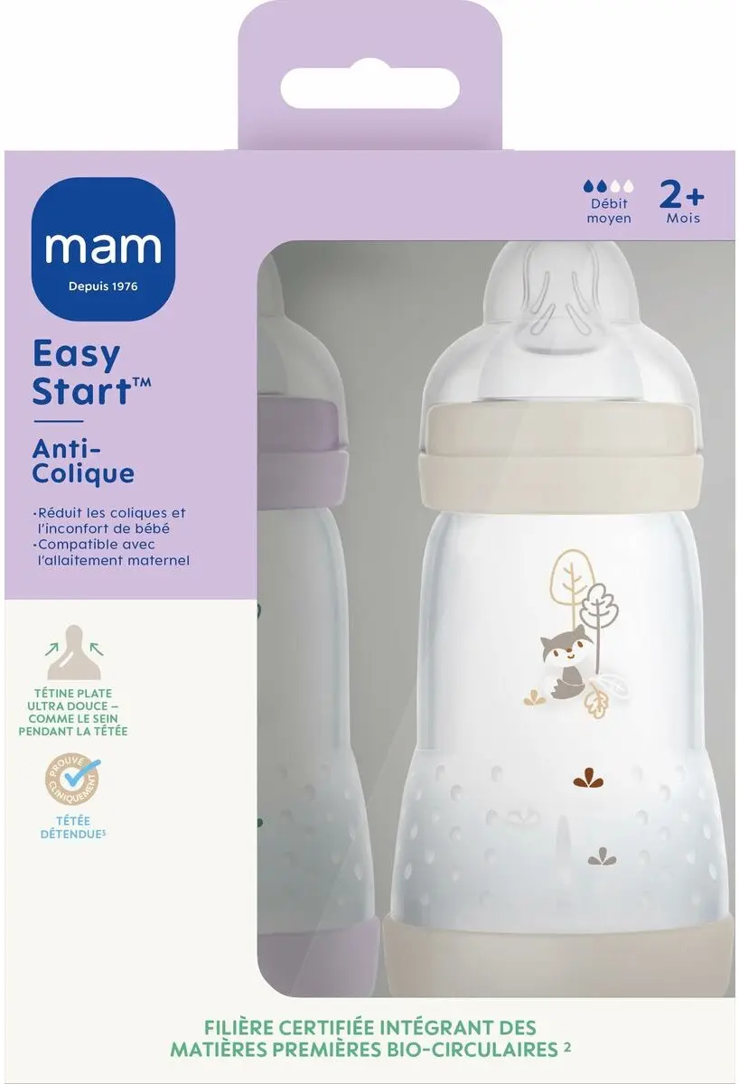MAM Easy Start Anti-Colic Babyflessen 260ml - 2 Stuks - Lila + Zand