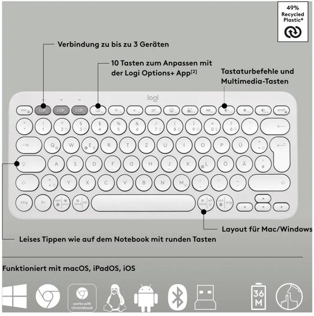 Logitech Pebble 2 Combo Set - Draadloos Toetsenbord & Muis - Wit - afbeelding 6 van 6