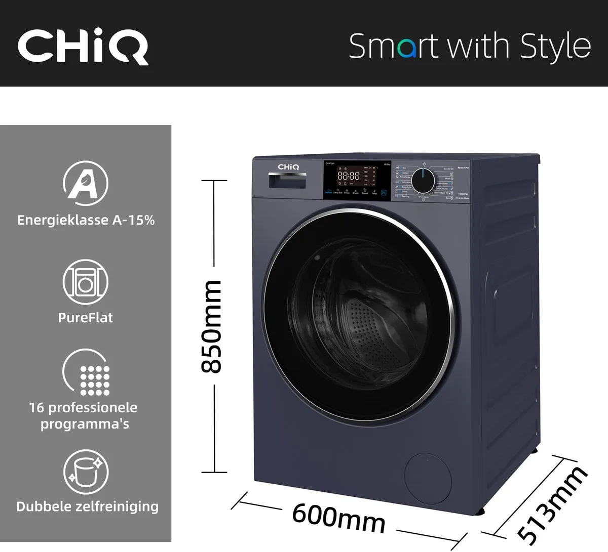 CHiQ CW8728X - Wasmachine - 8 KG - Space Pro - Energieklasse A-15% - Plat ingebouwd-16 programma's - AI Smart - 12 jaar garantie op motor - 2026 Nieuw