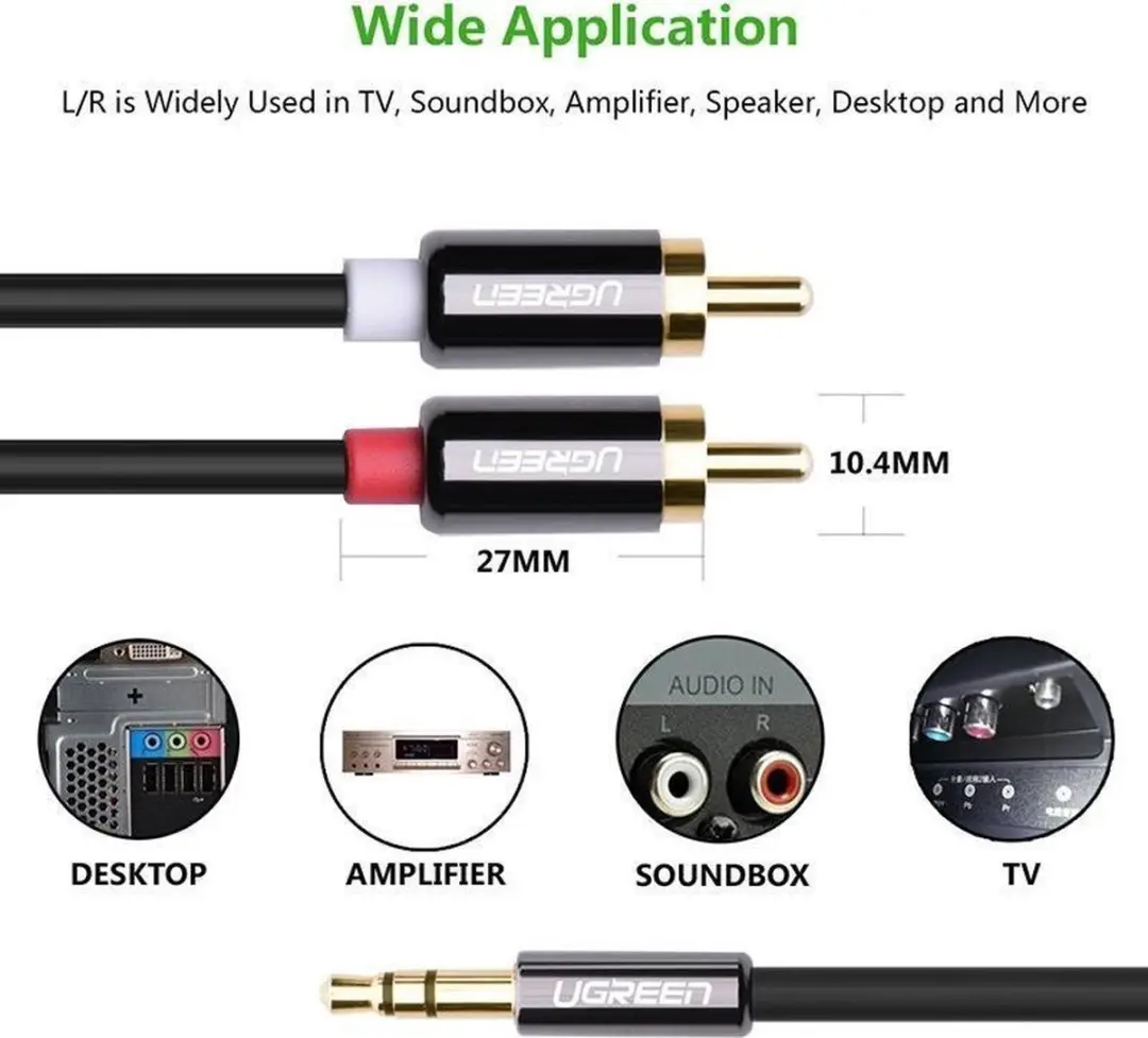 UGREEN 3.5mm Jack naar 2RCA Kabel - 3M - Zwart