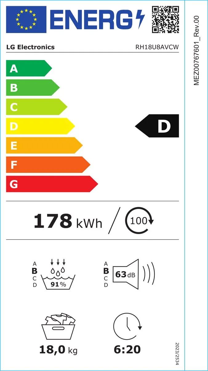 LG RH18U8AVCW Warmtepompdroger 18kg - 14 Instellingen - Wit
