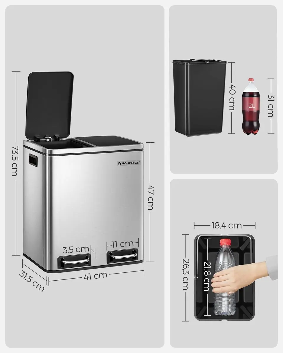 Songmics Zilveren Afvalscheider 30L - 2x15L Pedaal