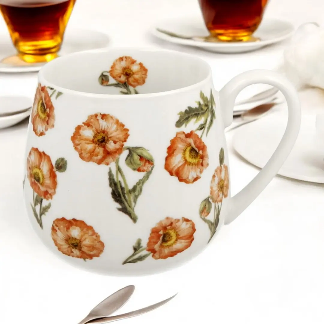 Duo Porseleinen Mok 430ml Bloemendessin - Wit/Roze/Geel/ Groen