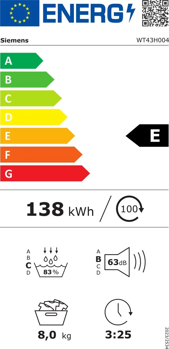 Siemens iQ300 WT43H004, Vrijstaand, Voorlader, Condensatie, Wit, Draaiknop, Touch, Rechts