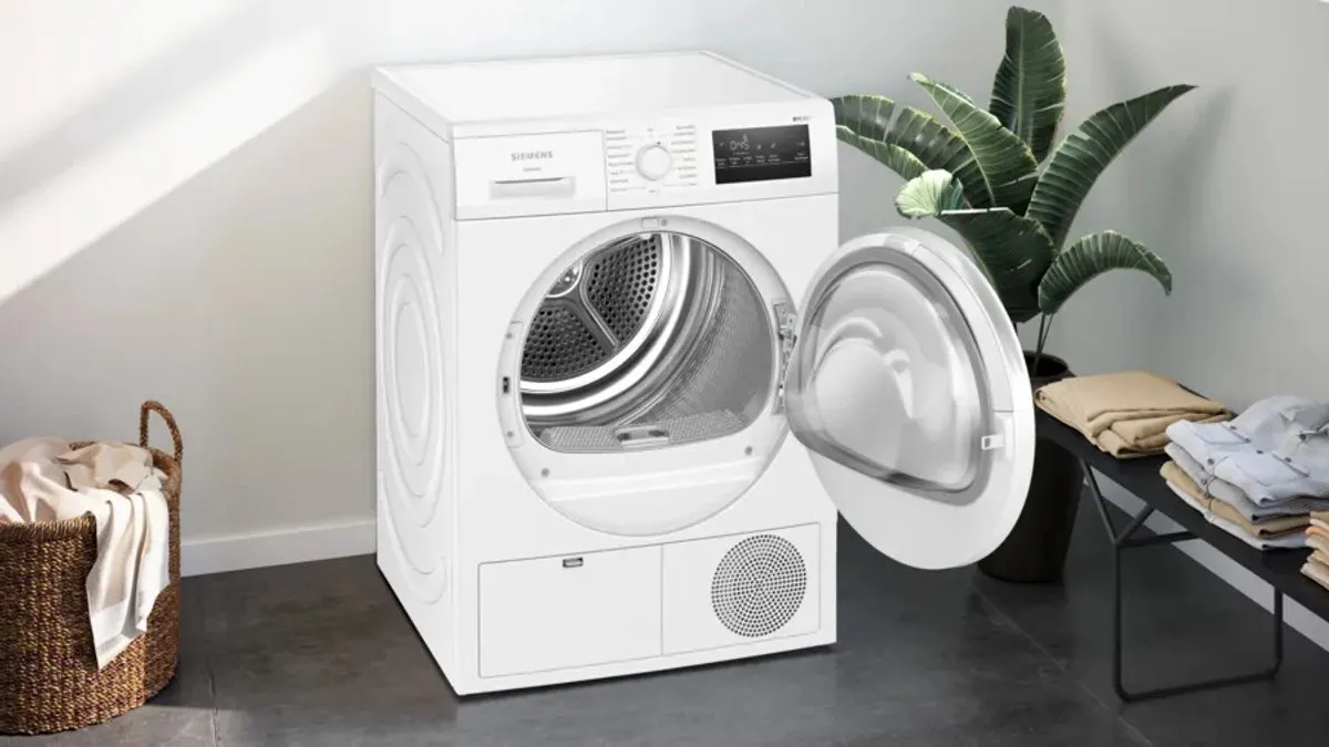 Siemens iQ300 WT43H004, Vrijstaand, Voorlader, Condensatie, Wit, Draaiknop, Touch, Rechts