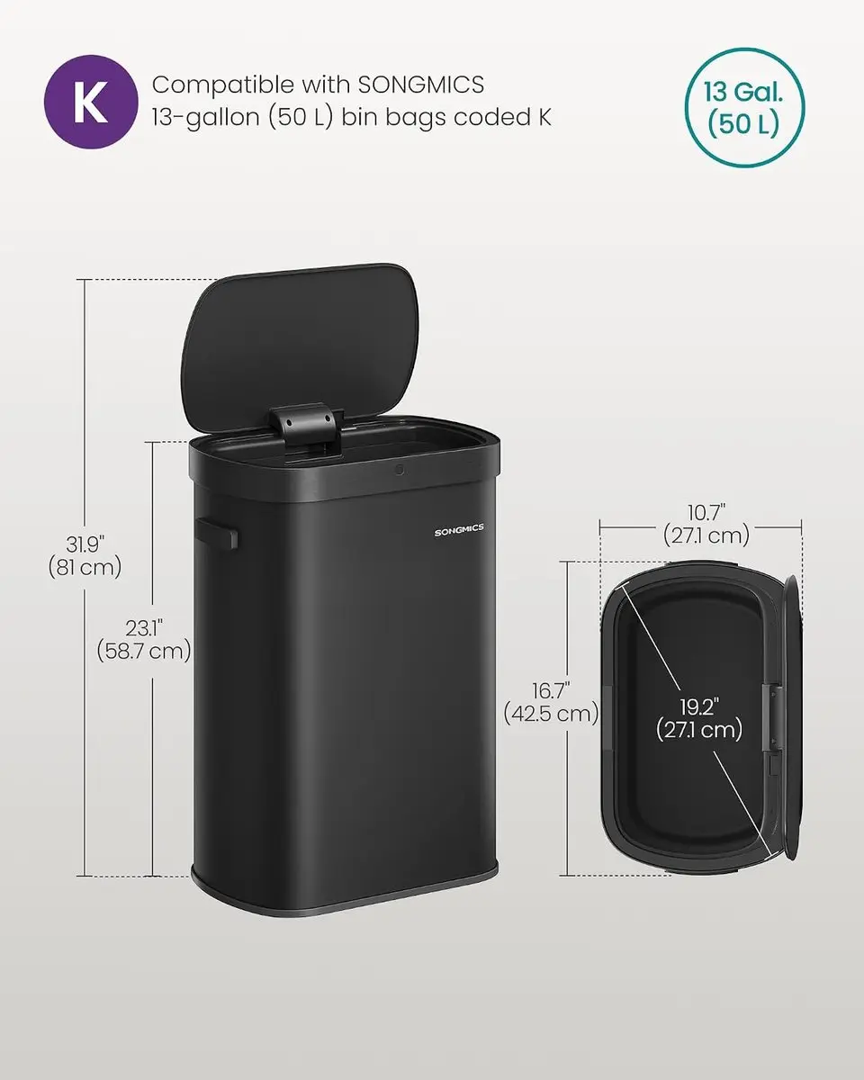 Songmics Motion Sensor Keukenbak 50L - Inktzwart - 15 Zakken