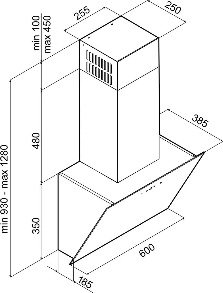 Inventum AKD6005ZWA schuine wandschouw afzuigkap 60 cm - Afzuigcapaciteit 660 m3/h - Geschikt voor open keuken - 4 standen - Timer - Display met tiptoetsen - Ledspots - Luchtafvoer en recirculatie - Zwart
