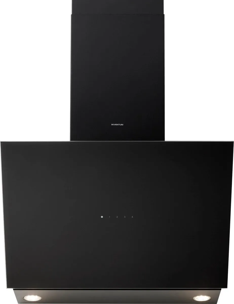 Inventum AKD6005ZWA schuine wandschouw afzuigkap 60 cm - Afzuigcapaciteit 660 m3/h - Geschikt voor open keuken - 4 standen - Timer - Display met tiptoetsen - Ledspots - Luchtafvoer en recirculatie - Zwart