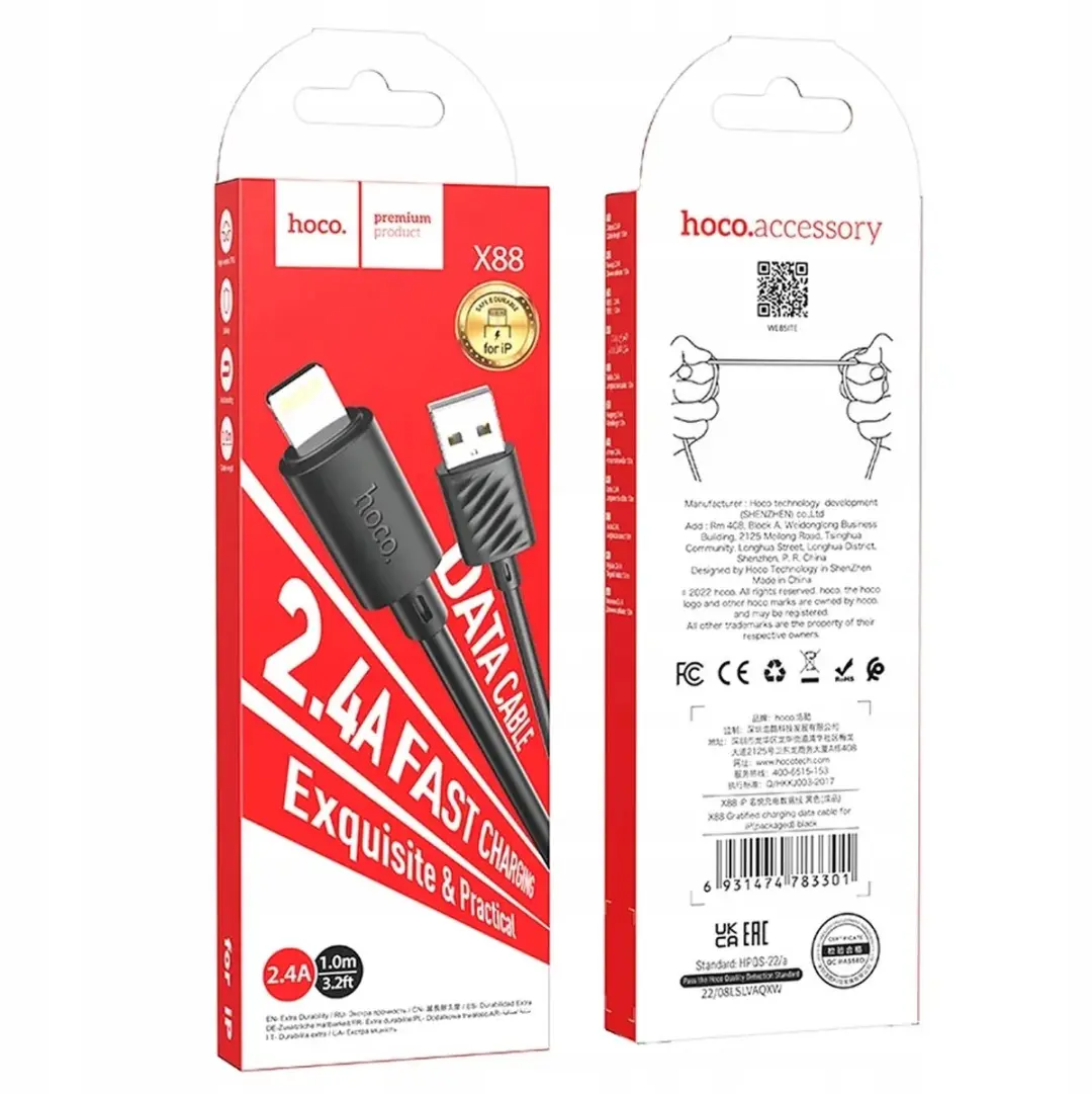 Hoco X88 USB-A naar Lightning Kabel 2.4A - 1m - Zwart