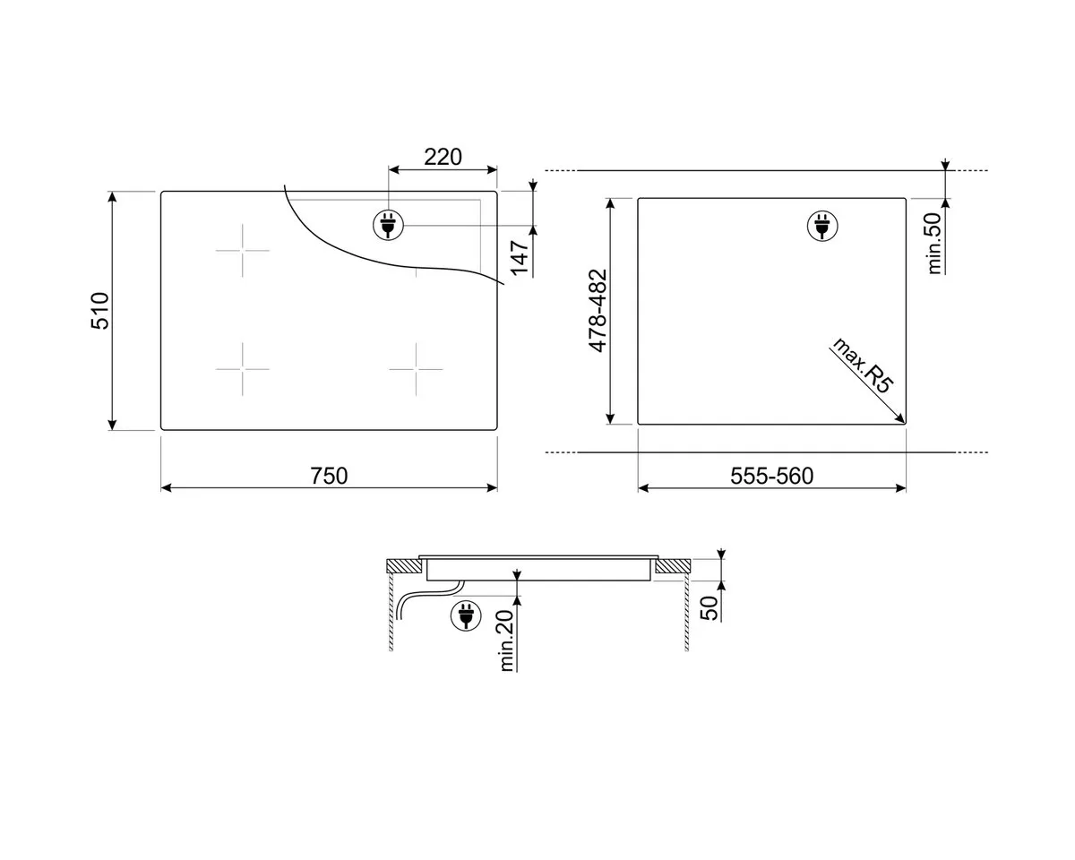 Smeg SI1M4744D Inductiekookplaat 75cm - 4 Zones - Zwart