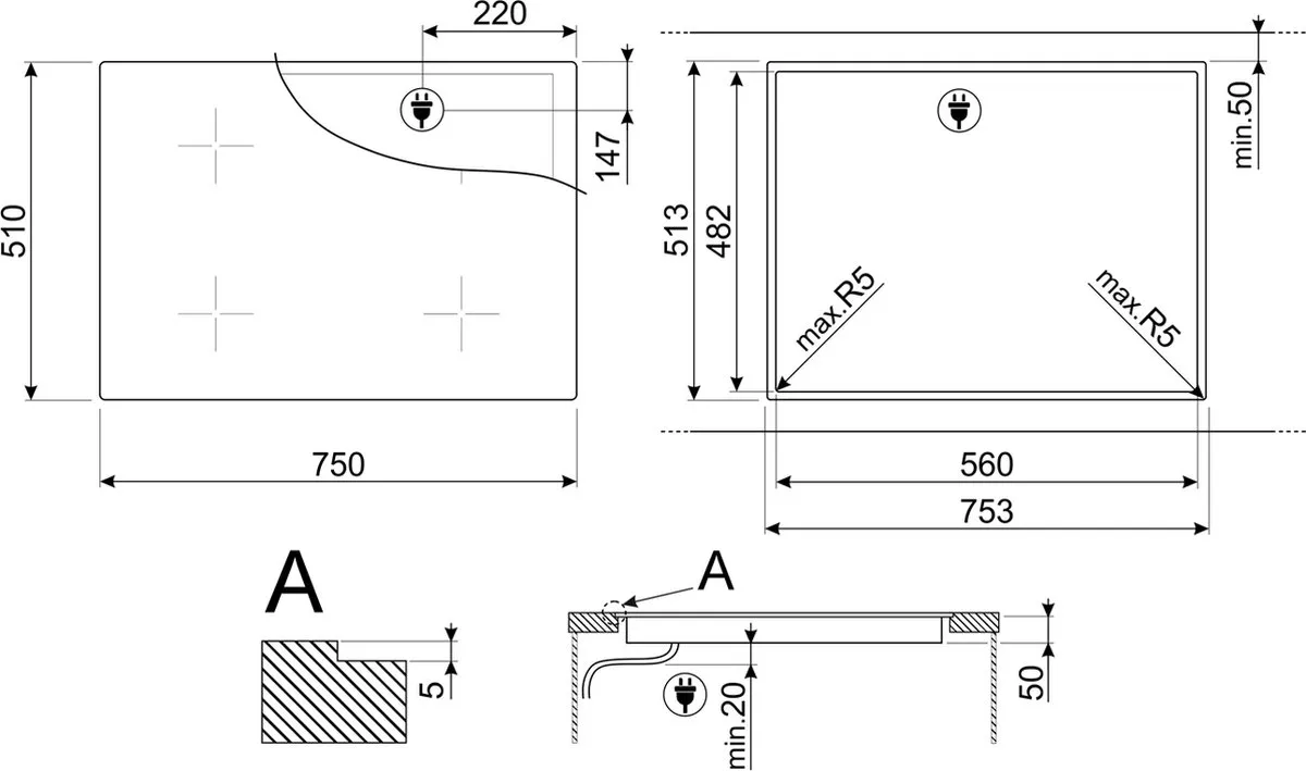 Smeg SI1M4744D Inductiekookplaat 75cm - 4 Zones - Zwart
