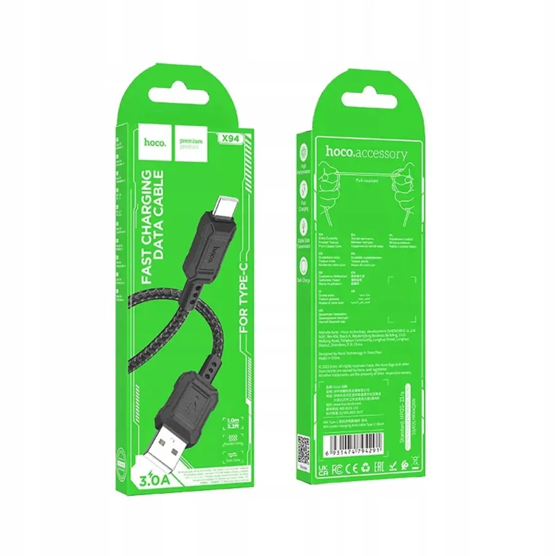 Hoco USB-C Kabel Leader X94 - 3A Snelladen & Data - 1m - Zwart