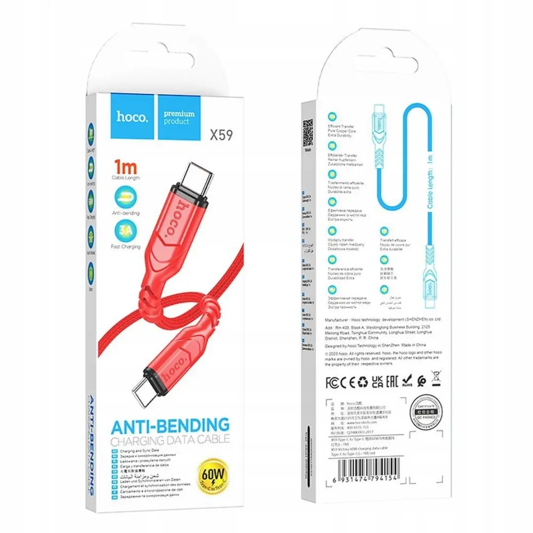 Hoco USB-C naar USB-C Kabel PD 60W - 1m Rood