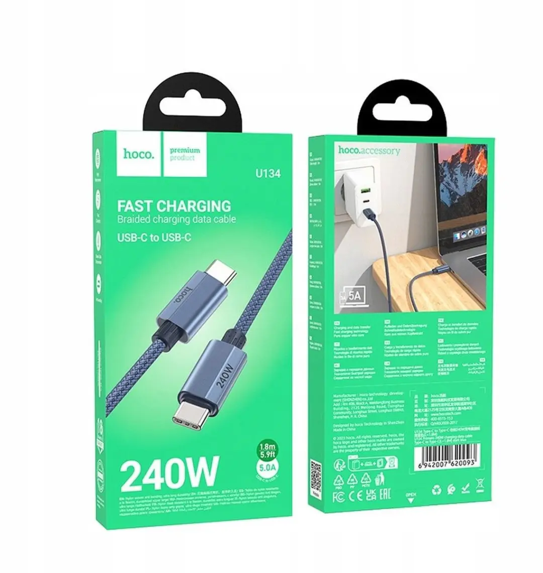 Hoco USB-C Groep 240W Snellader 1,8m - Grijs