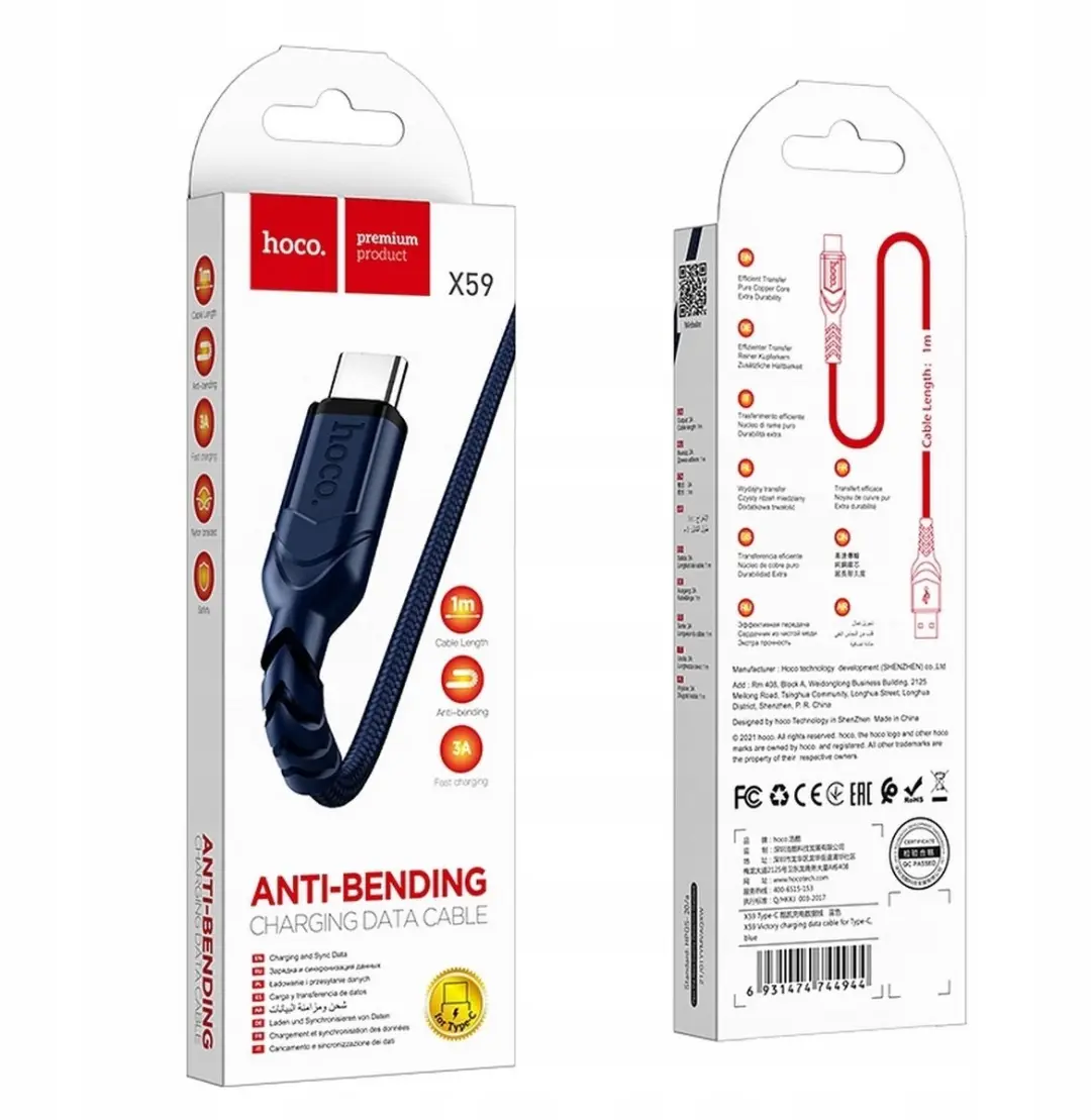 Hoco Victory X59 USB-C Kabel 1m 3A - Blauw