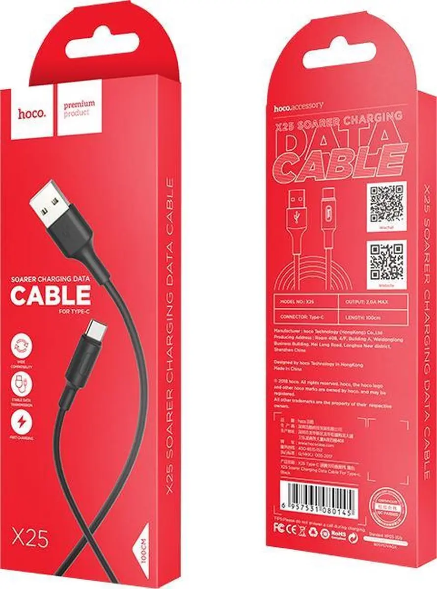 Hoco X25 Soarer USB naar USB-C 1M - Zwart