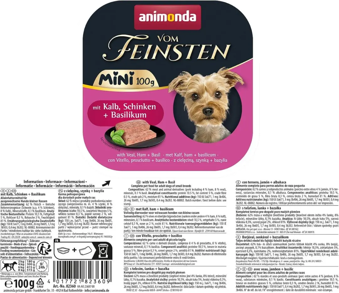 Animonda Vom Feinsten Mini Adult Hondenvoer Kalfsvlees Ham Basilicum 32x100g