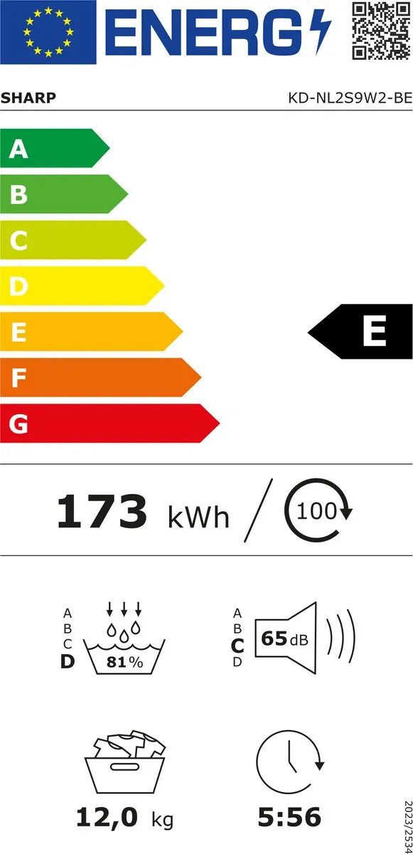 Sharp KDNL2S9W2BE - warmtepomp droger - 12KG - energie label D - 15 programma's - LED trommelverlichting - WIT