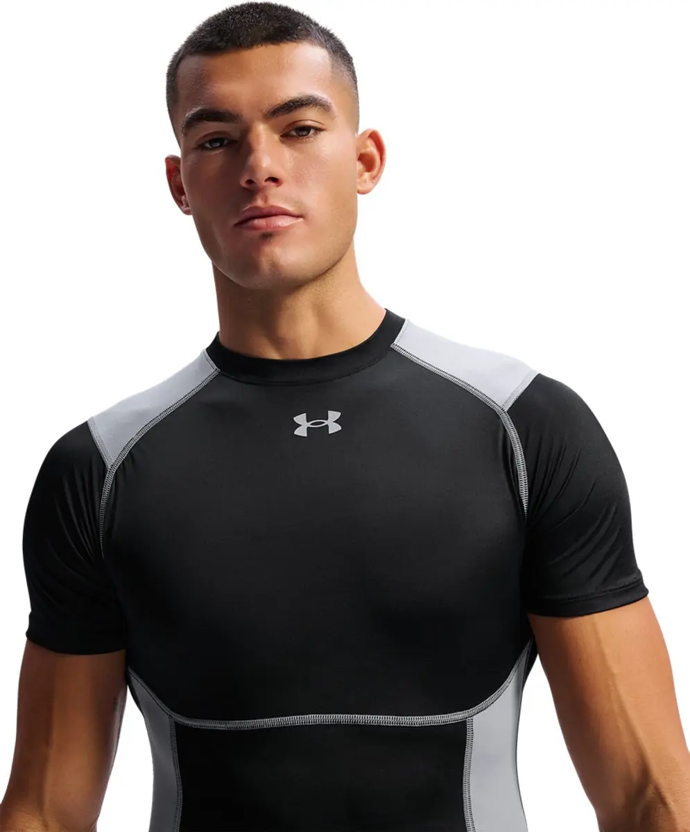 Under Armour UA HG Elite Fitted SS-BLK Heren Sportshirt - XXL - Zwart/Rose/Reflecterend