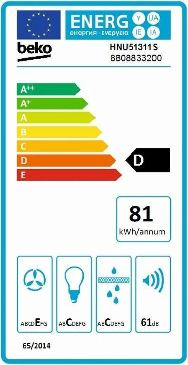 Beko HNU51311S Inbouw Afzuigkap - 381 m³/u - 3 standen - Zilver