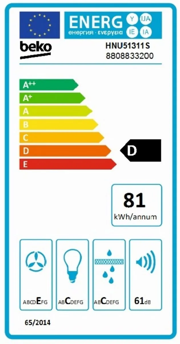 Beko HNU51311S Inbouw Afzuigkap - 381 m³/u - 3 standen - Zilver