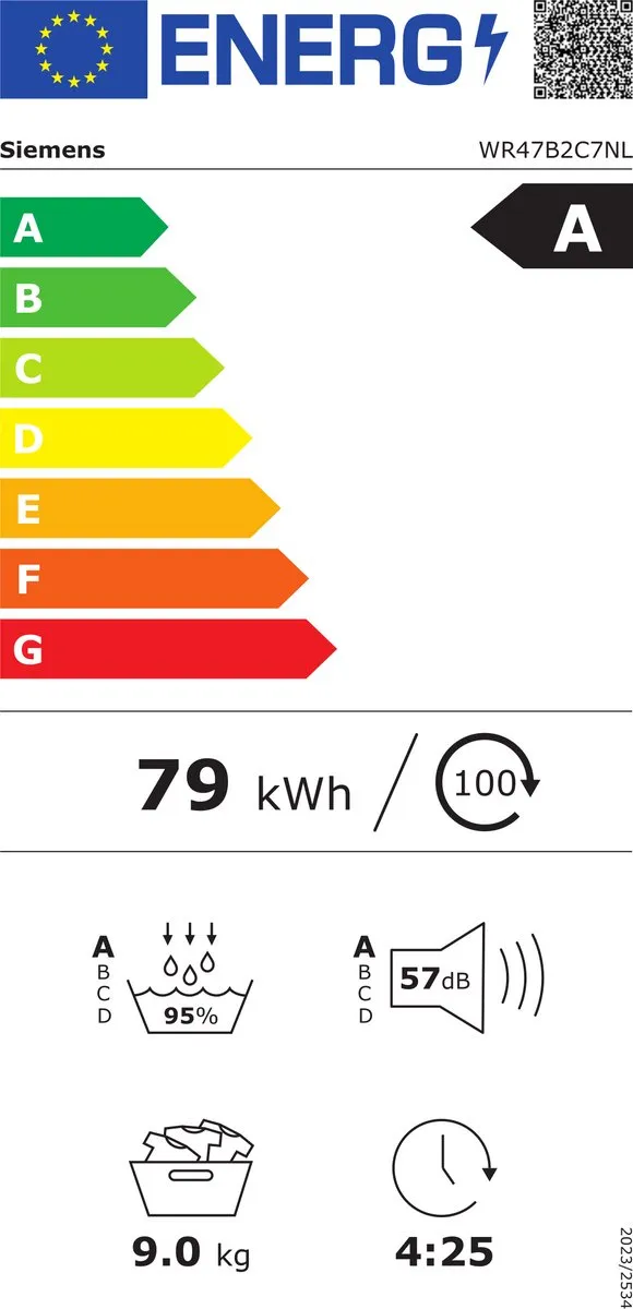 Siemens WR47B2C7NL - iQ700 - Wasdroger - Warmtepompdroger - 9 kg - Wit - SmartFinish vermindert kreukels tot 50% - Blijvend energiezuinig met zelfreinigende condensor - arioSpeed Plus: verkort de droogtijd met maar liefst 44% - Zeer stil