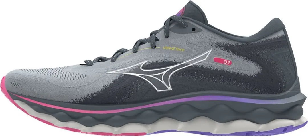 Mizuno Wave Sky 7 Dames Hardloopschoenen 38.5 - Pearl Blue/White/High-Vis Pink