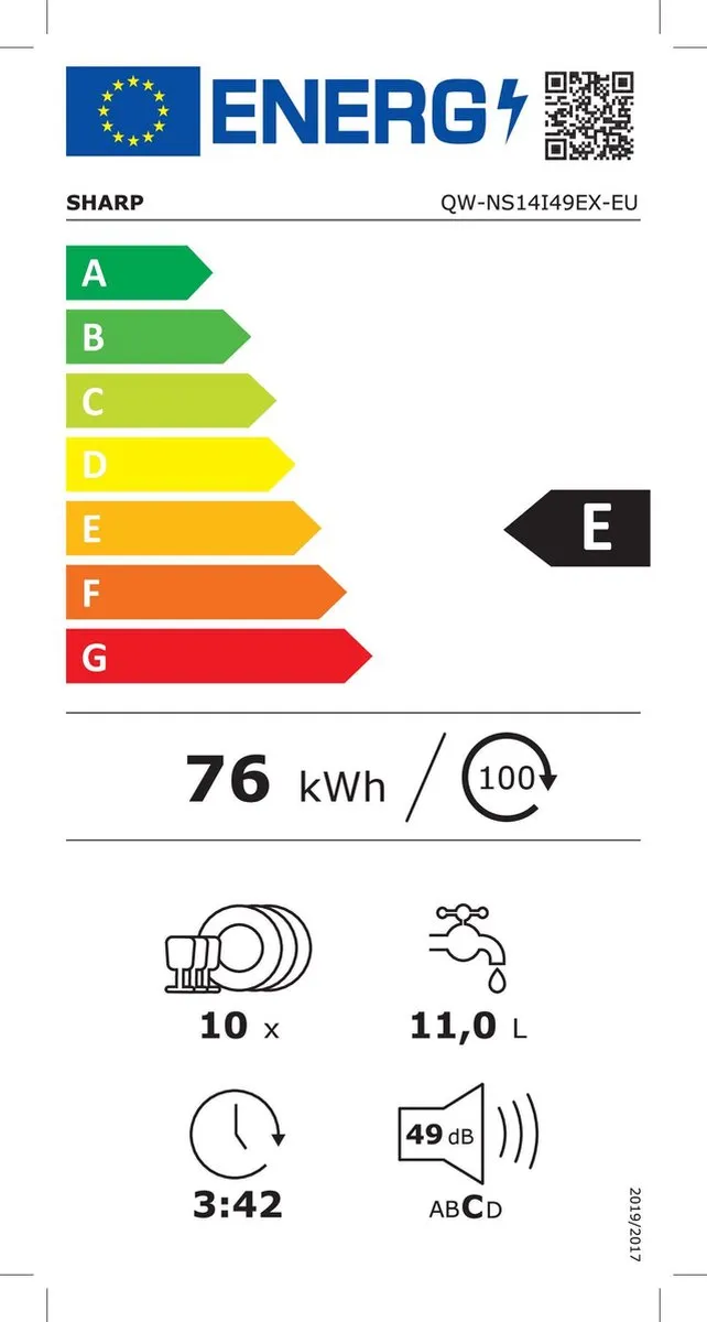 Sharp QWNS14I49EXEU Integreerbare Vaatwasser 10 Couverts - Wit
