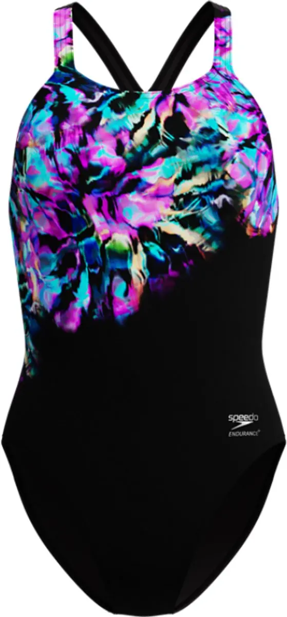 Speedo Dames Badpak Powerback Placement Print - Zwart/Blauw