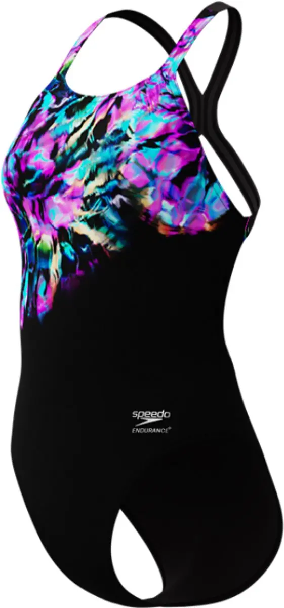 Speedo Dames Badpak Powerback Placement Print - Zwart/Blauw
