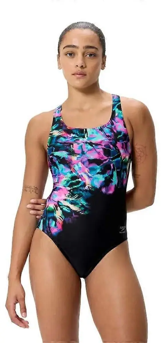 Speedo Dames Badpak Powerback Placement Print - Zwart/Blauw