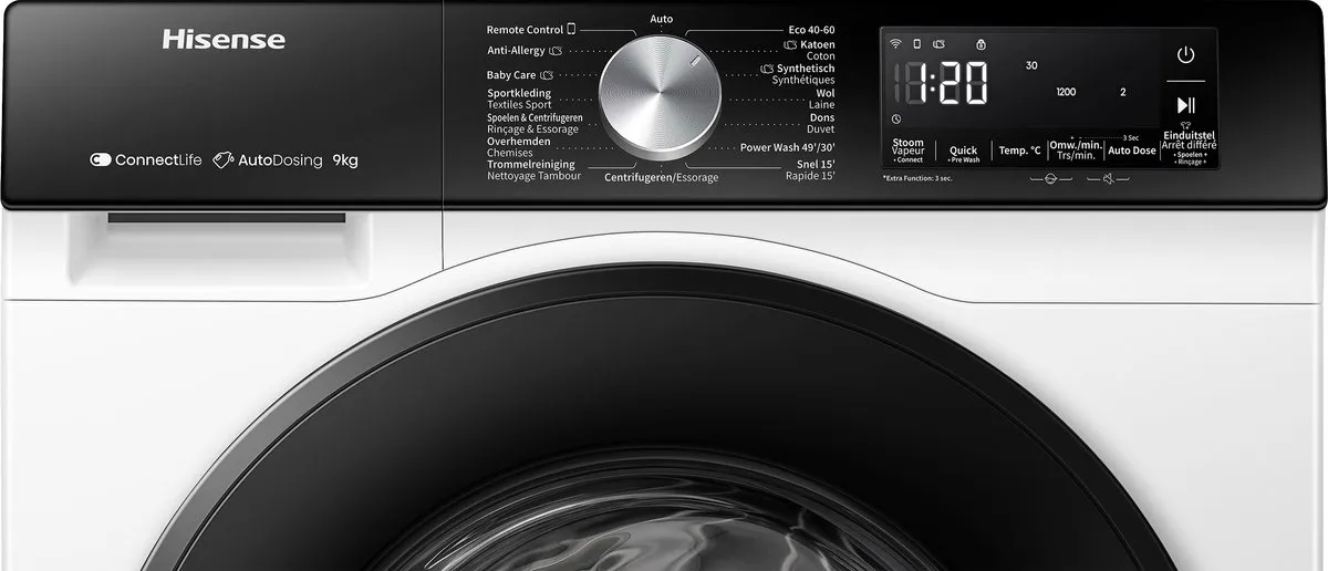 Hisense 3S WF3S9045BW3/BLX Wasmachine 9kg - Autodose - 1400 toeren - Wit/Zwart - afbeelding 6 van 6