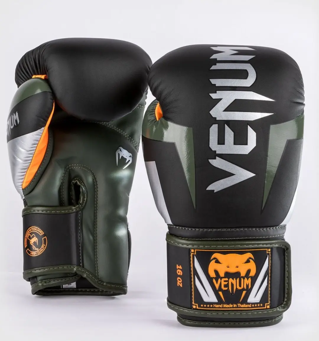 Venum Elite Bokshandschoenen 12 oz - Zwart/Zilver/Kaki