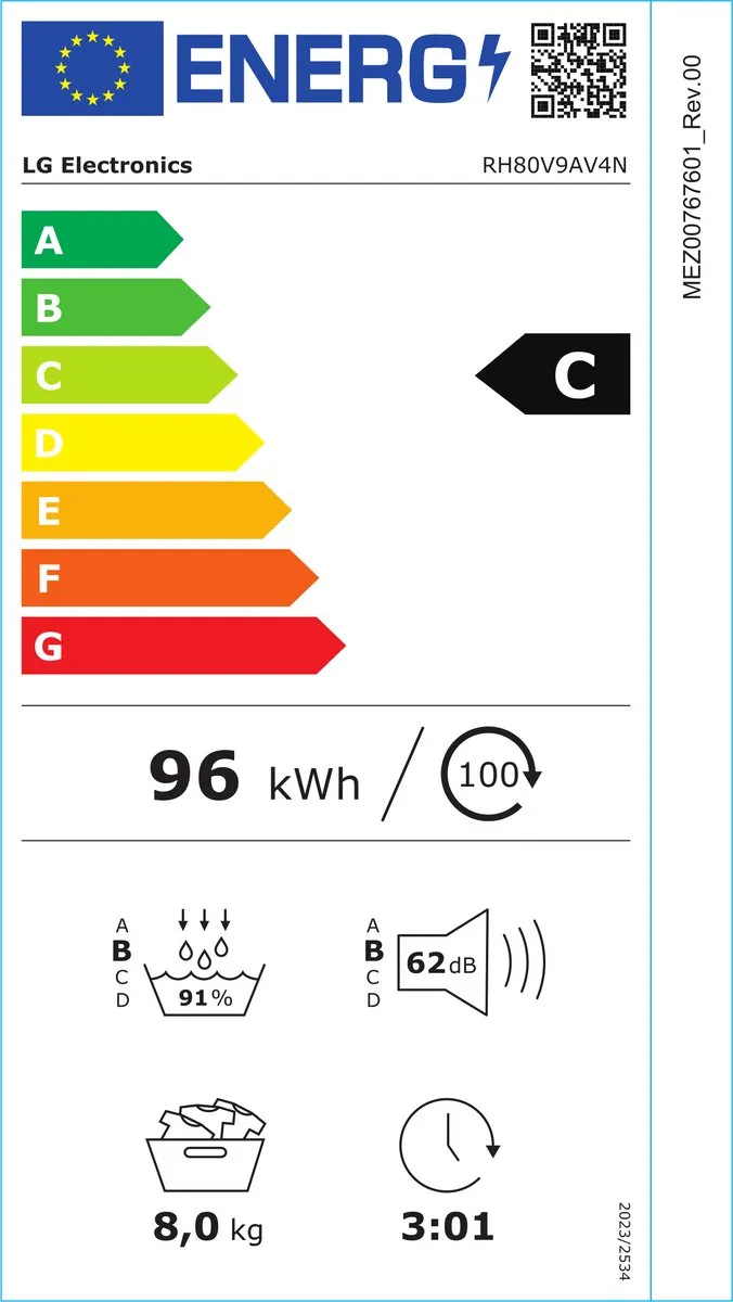 LG RH80V9AV4N Warmtepompdroger 8 kg - Wit