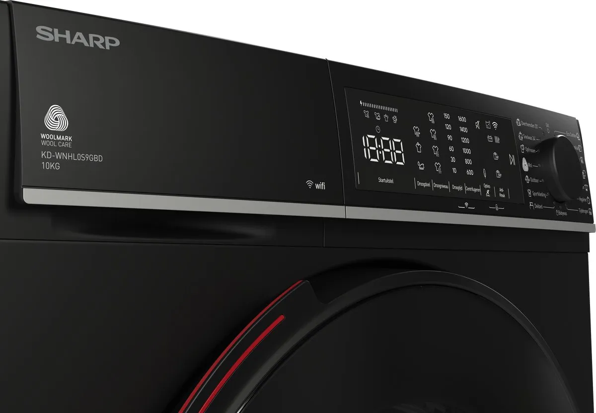 Sharp KDWNHL0S9GBDBX- warmtepomp droger - energie label D - 10KG - WIFI - 15 programma's - LED trommelverlichting - mat zwart