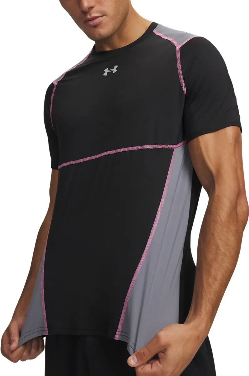 Under Armour UA HG Elite Fitted SS Heren Sportshirt - XXL - Ultimate Zwart Roze Frenzy