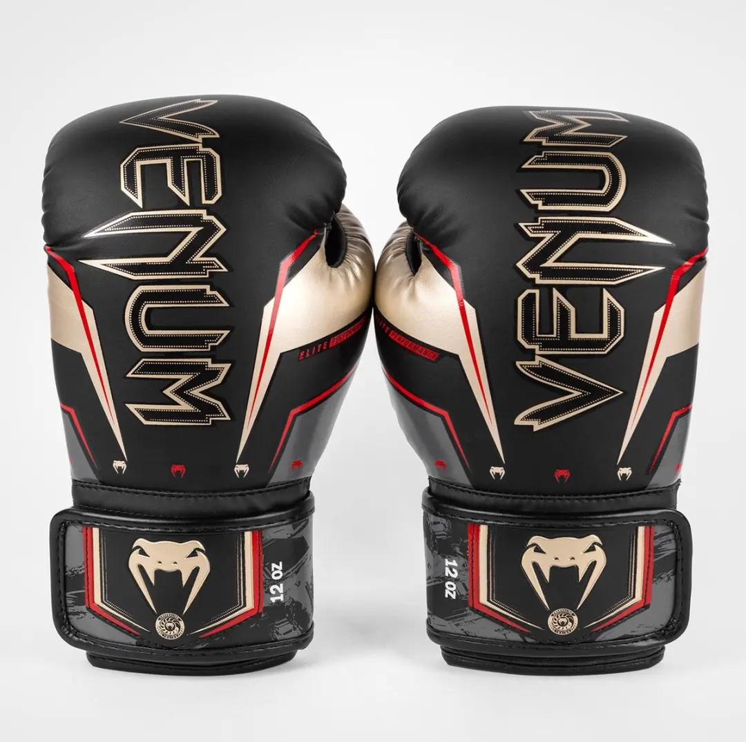 Venum Elite Evo Kickbokshandschoenen 12 oz - Zwart/Goud/Rood