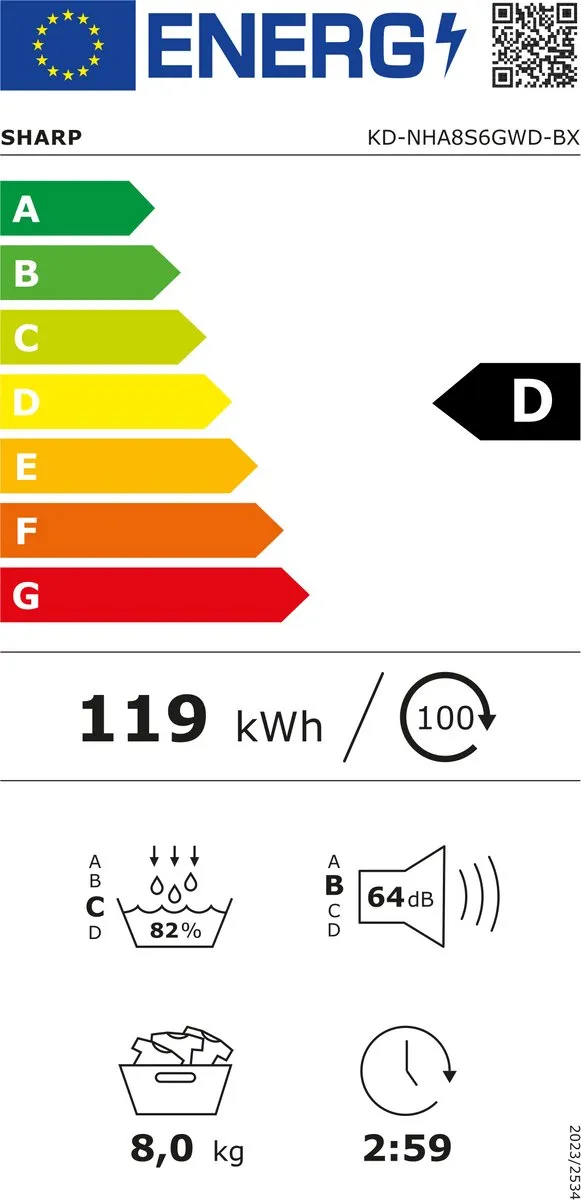 Sharp KDNHA8S6GWDBX Warmtepomp Droger 8kg - Wit