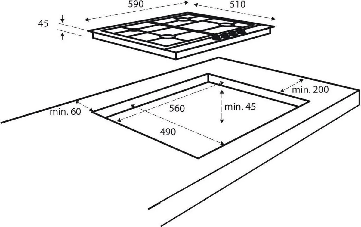 Inventum IKG6023GRVS Inbouw Gaskookplaat 59cm - 4 Pits - RVS/Zwart
