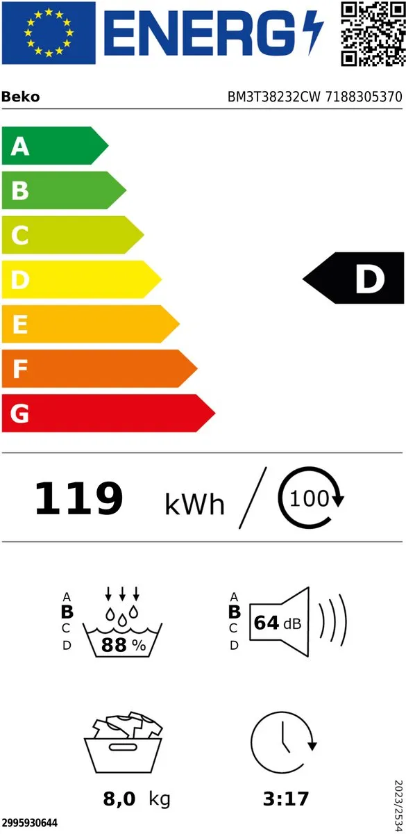 Beko BM3T38232CW Warmtepompdroger 8kg - 15 Programma's - Wit